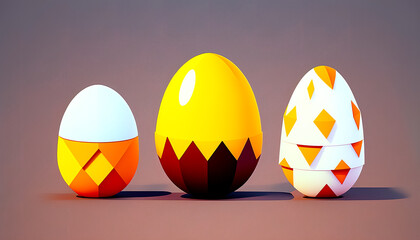 Three colourful eggs on bright mellow background. Generative AI.
