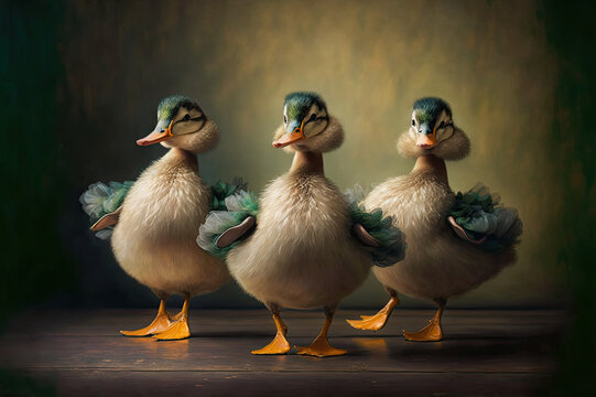 three duckling ballerina dancers. Generative AI image.	
