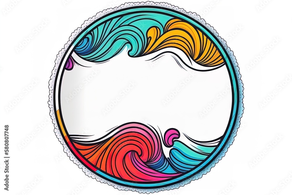 Poster colorful cartoon wave with empty white circle frame with space for text. creative liquid ocean waves