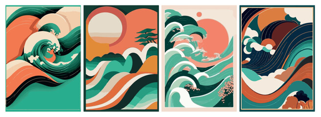 Obraz na płótnie Canvas A set of backgrounds for text, landscape psychedelic hippie art, a frame of stylized waves. 