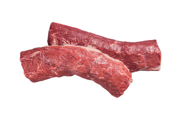 Raw lamb tenderloin Fillet, Mutton Sirloin Meat on butcher table.  Isolated, transparent background.
