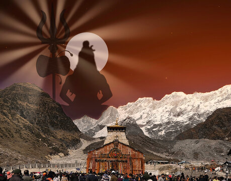 Lord shiva illustration behind kedarnath temple uttarakhand 