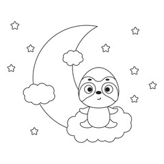 Coloring page cute little sloth sitting on cloud. Coloring book for kids. Educational activity for preschool years kids and toddlers with cute animal. Vector stock illustration
