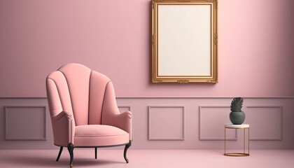 Modern living room interior design, designer's armchair in front of a large blank painting frame.
