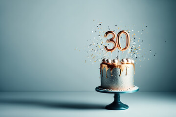 Luxurious birthday white cake in a minimalist style with bronze icing topped and decorated with a number thirty on a blue background. Copy space. Generative AI - obrazy, fototapety, plakaty