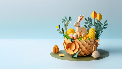 Easter rabbit and spring flowers in a basket (created with help of generative ai)