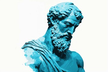 Aristotle sculpture illustration. Blue colors, minimalist white background 