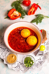 top view of borscht with pampushki and garlic in the restaurant