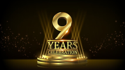 9 years Celebration Golden Jubilee Award Graphics Background. Entertainment Spot Light Hollywood Template  Luxury Premium Corporate Abstract Design Template Banner Certificate. 