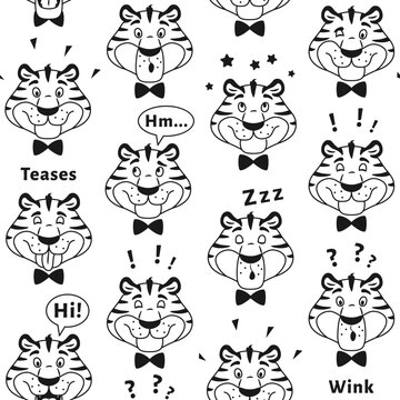 Black and white outline tiger seamless pattern. Cute cartoon animal character head for kids coloring book page design. Wrapping paper cover fabric background repeat tile. Creative vector illustration.