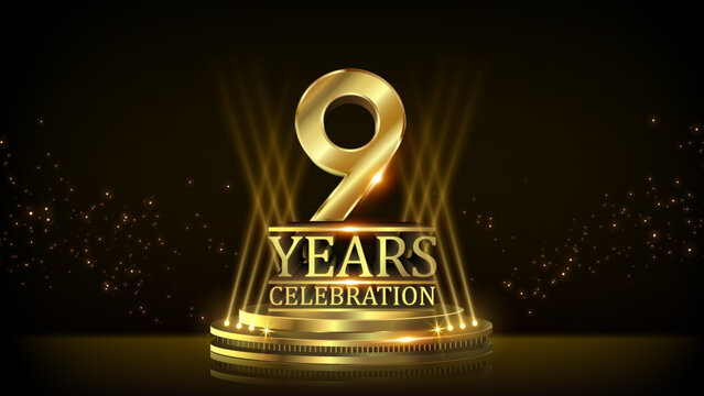 9 years Celebration Golden Jubilee Award Graphics Background. Entertainment Spot Light Hollywood Template  Luxury Premium Corporate Abstract Design Template Banner Certificate. 