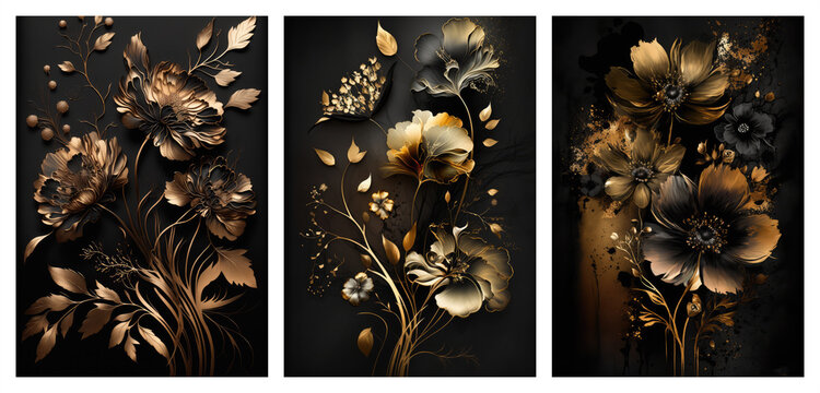 Set of golden floral art posters, gold flowers concept art, generative ai	