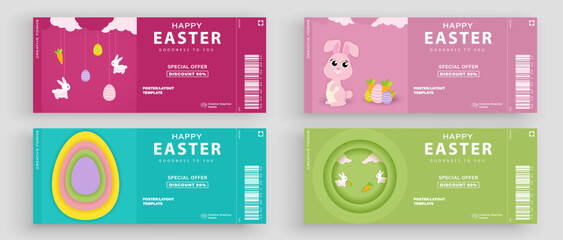 Naklejka premium Set of Easter ticket. Easter background with eggs and rabbit. Vector illustration for poster, greeting cards, booklets, promotional materials, website