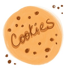 Cookie with chocolate crisps bitten, broken, cookie crumbs in cartoon flat style isolated on white background. Snack bake, traditional bakery or desert. Cartoon cookies hand drawn illustration.