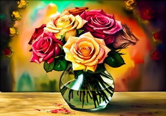 A bouquet of roses in a vase on a table.