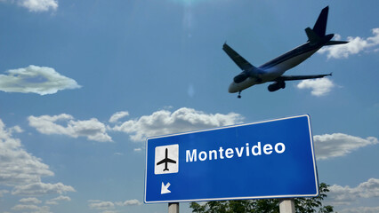 Plane landing in Montevideo Uruguay airport with signboard