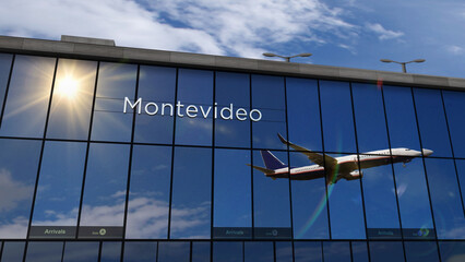 Airplane landing at Montevideo Uruguay airport mirrored in terminal