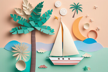 Summer beach flat lay background. Paper sea, beach and palms on pastel background. Generative AI