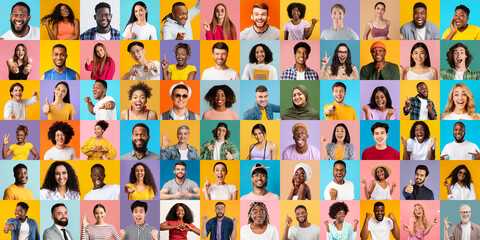 Creative collage with lot of smiling multicultural faces over colorful backgrounds - Powered by Adobe