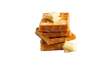 Front view of a pile of belgian waffles with white chocolate on a trasparent background