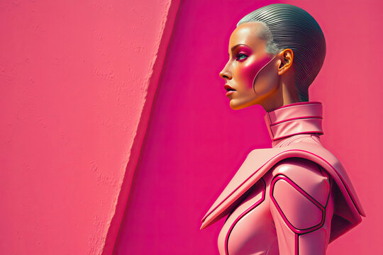 Generative AI illustration side view of young confident gray haired female model with bright makeup wearing leather turtleneck jacket standing against pink wall