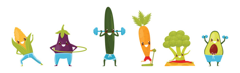 Funny Vegetables Doing Sport and Physical Exercise Vector Set