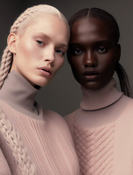 Generative AI illustration of unemotional African American dark haired female in turtleneck sweater standing close to ethnic woman with blond hair wearing same outfit looking at camera