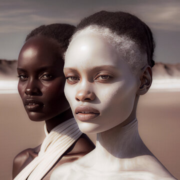 Generative AI illustration of young African American female model and woman with albinism walking in dessert on sunny day