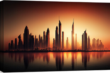 Dubai panorama skyline at dramatic sunset in Marina, United Arab Emirates. Travel, tourism, architecture, cityscape, skyscraper, urban, modern, contemporary, 