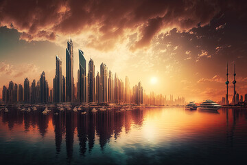 Fototapeta na wymiar Dubai panorama skyline at dramatic sunset in Marina, United Arab Emirates. Travel, tourism, architecture, cityscape, skyscraper, urban, modern, contemporary, 