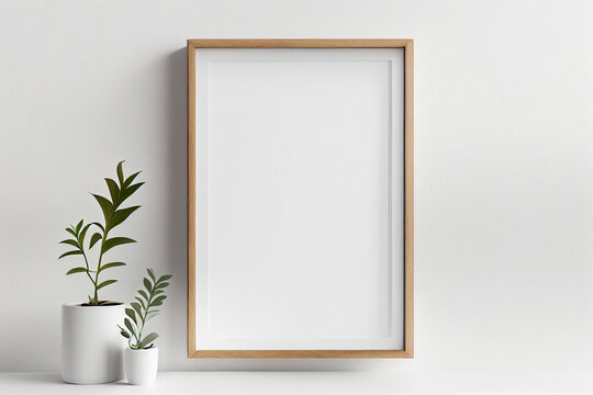 Blank wooden frame on wall with mini plants. Created with generative ai