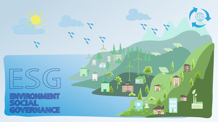 Fototapeta premium Green eco city vector Protecting the Earth is clean energy.Earth Day is a concern for the environment.Eco ESG the earth is in the hands of man.