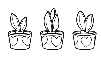 Bulb flowers in small pots outlined for coloring book isolated on white background