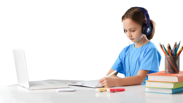 Little girl learning for school desk with headphones