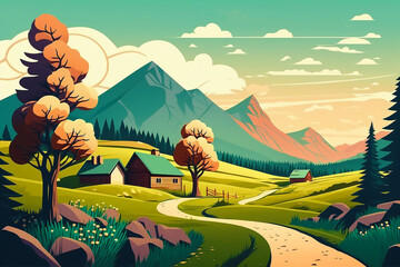 A painting of a rural landscape with trees and houses, poster art, digital illustration, wallpaper, story book illustration landscape background generated ai
