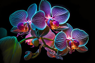 Fluorescent orchid. Neon glowing orchid. AI generation
