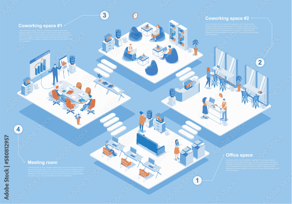 Leinwandbilder coworking space concept 3d isometric web scene with infographic. people working in office, tea meeti