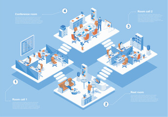 Naklejka na ściany i meble Call center concept 3d isometric web scene with infographic. People working in different rooms, technical support operators calls to clients in office. Vector illustration in isometry graphic design