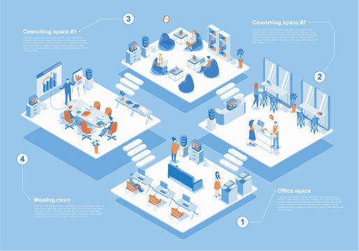 Coworking space concept 3d isometric web scene with infographic. People working in office, tea meeting in room, teamwork and workflow in departments. Vector illustration in isometry graphic design