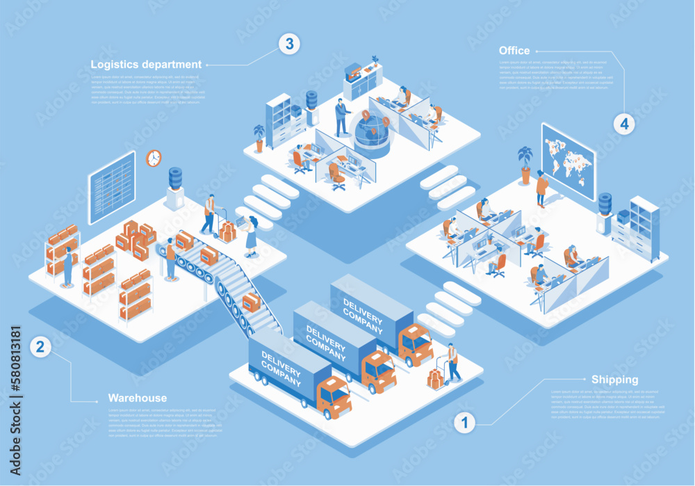 Leinwandbilder delivery company concept 3d isometric web scene with infographic. people work in logistics departmen
