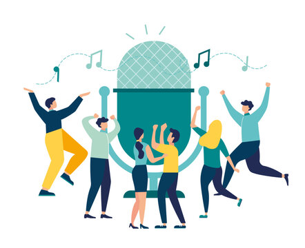 people dancing around teal microphone, music notes clip art preview