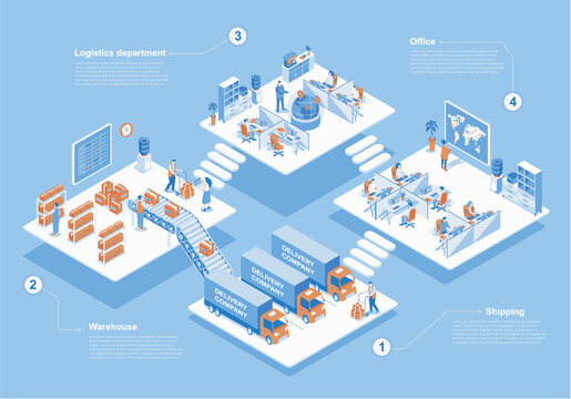 Delivery company concept 3d isometric web scene with infographic. People work in logistics department, workers loading boxes in warehouse for shipping. Vector illustration in isometry graphic design