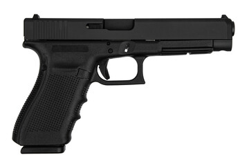 Modern semi-automatic pistol isolate on a white background. Armament for the army and police. Short-barreled weapon
