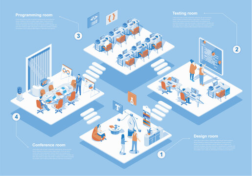 Development company concept 3d isometric web scene with infographic. People work at different programming and engineering departments at agency office. Vector illustration in isometry graphic design