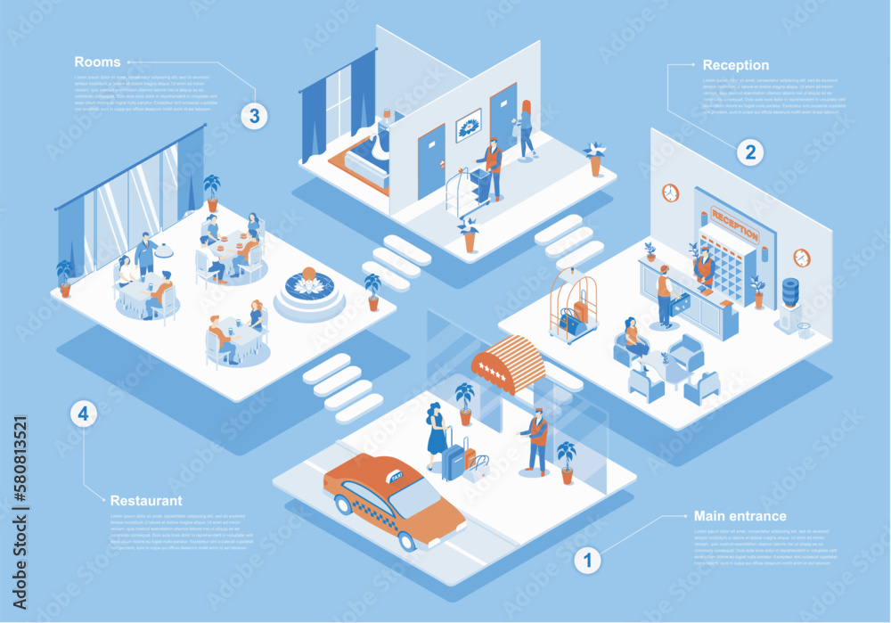 Poster hotel concept 3d isometric web scene with infographic. people at main entrance, waiting at reception