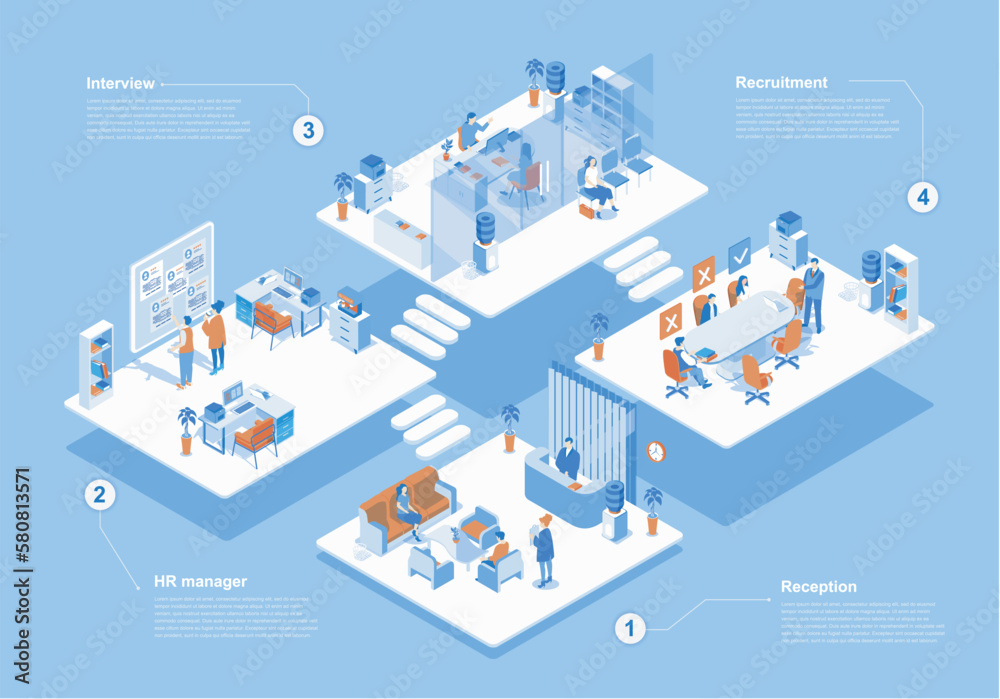 Poster hr agency concept 3d isometric web scene with infographic. people wait at reception, managers workin