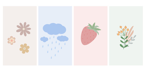 Cute simple cartoon backgrounds set vector illustration with floral decor elements strawberry, flowers, leaves branches, rain clouds in calm trendy pastel colors