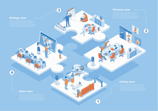 Outsourcing company concept 3d isometric web scene with infographic. People working in international company with global management and online teamwork. Vector illustration in isometry graphic design