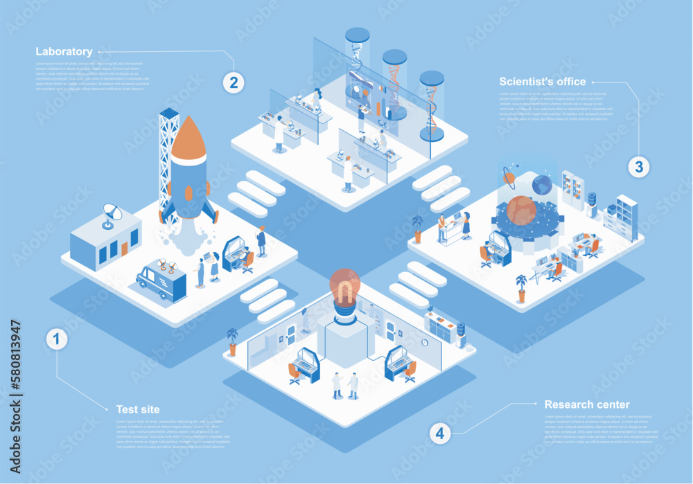 Aufkleber science center concept 3d isometric web scene with infographic. people making researches and tests, 