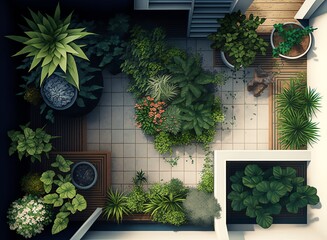 Green lush Indoor plants on the terrace. Beautiful indor plants in the balcony. Balcony Plant décor. Generative AI